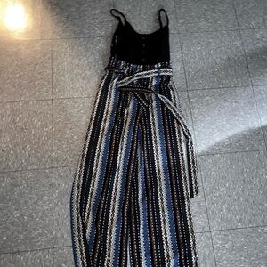 No Boundaries Black and Blue Striped Jumpsuit